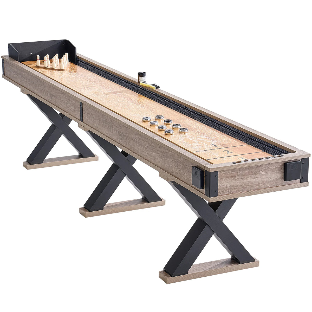 Shuffleboard Table, 11.5 Ft Shuffleboard for Family Game Rooms, 2 in 1 Shuffleboard and Bowling Combo Game Set, with Scratch-Resistant Playfield, Legs, 8 Pucks, Bowling Set, Wax, and Table Brush