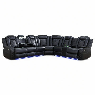 Black Leather Power Reclining Sectional with LED
