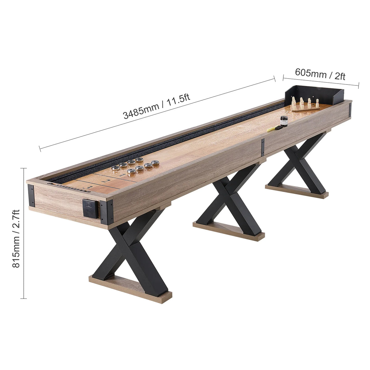 Shuffleboard Table, 11.5 Ft Shuffleboard for Family Game Rooms, 2 in 1 Shuffleboard and Bowling Combo Game Set, with Scratch-Resistant Playfield, Legs, 8 Pucks, Bowling Set, Wax, and Table Brush