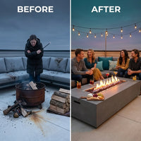 Granville Fire Table Outdoor Fire Pit 60" X 27" Cast Concrete Firepit Includes Lava Rocks 45,000 Btus Outdoor Fireplace for Patio Furniture Set, Deck, Porch, Outdoor Heater - Natural Gas — Before & After