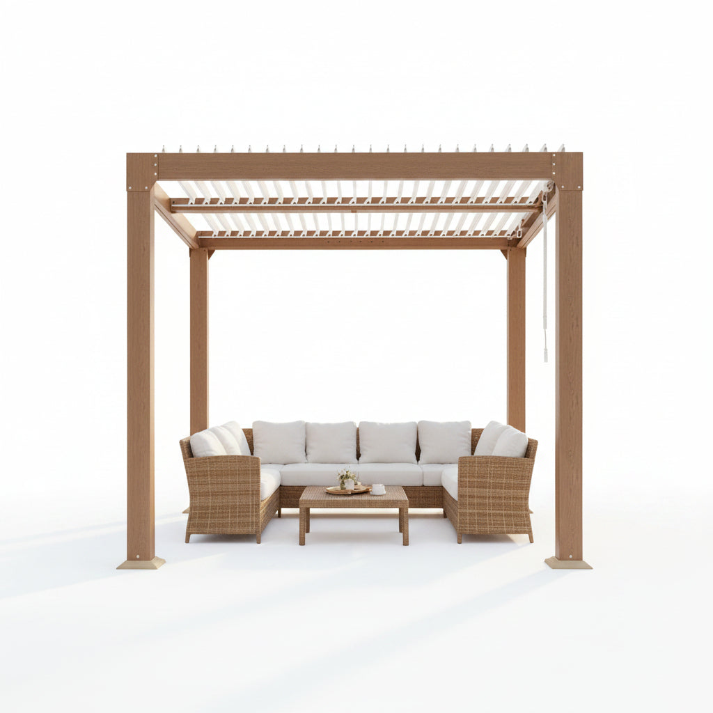 Louvered Pergola 10 Ft X10', Outdoor Pergola with Adjustable Louvered Roof, Reinforced Aluminum Frame, Integrated Drainage System, Hardtop Gazebo for Patio, Deck, Wood Grain
