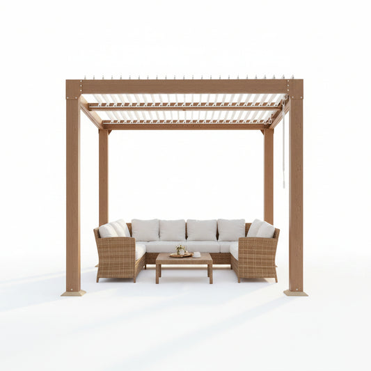 Louvered Pergola 10 Ft X10', Outdoor Pergola with Adjustable Louvered Roof, Reinforced Aluminum Frame, Integrated Drainage System, Hardtop Gazebo for Patio, Deck, Wood Grain