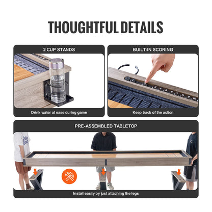 Shuffleboard Table, 11.5 Ft Shuffleboard for Family Game Rooms, 2 in 1 Shuffleboard and Bowling Combo Game Set, with Scratch-Resistant Playfield, Legs, 8 Pucks, Bowling Set, Wax, and Table Brush