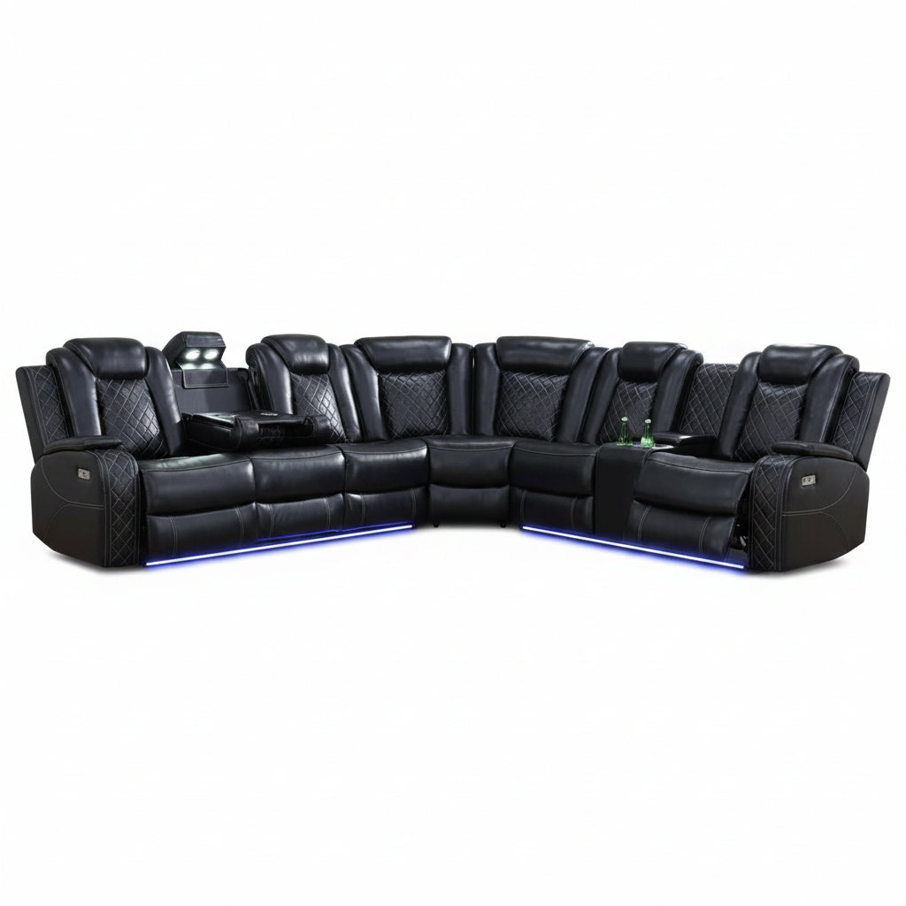 Black Leather Power Reclining Sectional Sofa,Sectional Couch with Recliner,L Shaped Recliner Sofa with LED Light/Read Lamp/Storage Console/Usb Port for Living Room/Home Theater/Apartment