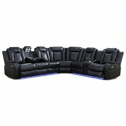 Black Leather Power Reclining Sectional Sofa,Sectional Couch with Recliner,L Shaped Recliner Sofa with LED Light/Read Lamp/Storage Console/Usb Port for Living Room/Home Theater/Apartment