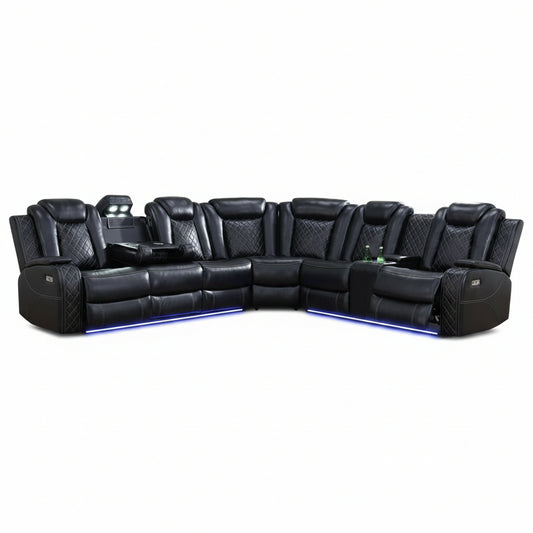 Black Leather Power Reclining Sectional Sofa,Sectional Couch with Recliner,L Shaped Recliner Sofa with LED Light/Read Lamp/Storage Console/Usb Port for Living Room/Home Theater/Apartment