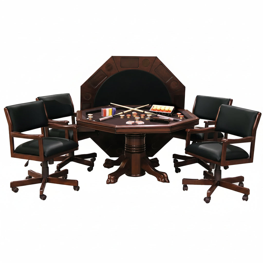 3-In1 Combination Game & Dining Table Set with 4 Rocker-Swivel Chairs- (Mahogany Finish)