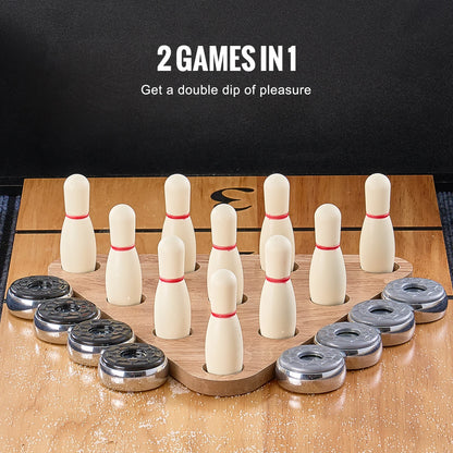 Shuffleboard Table, 11.5 Ft Shuffleboard for Family Game Rooms, 2 in 1 Shuffleboard and Bowling Combo Game Set, with Scratch-Resistant Playfield, Legs, 8 Pucks, Bowling Set, Wax, and Table Brush