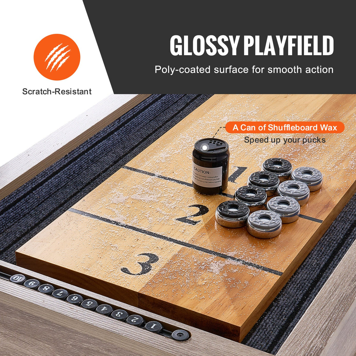 Shuffleboard Table, 11.5 Ft Shuffleboard for Family Game Rooms, 2 in 1 Shuffleboard and Bowling Combo Game Set, with Scratch-Resistant Playfield, Legs, 8 Pucks, Bowling Set, Wax, and Table Brush