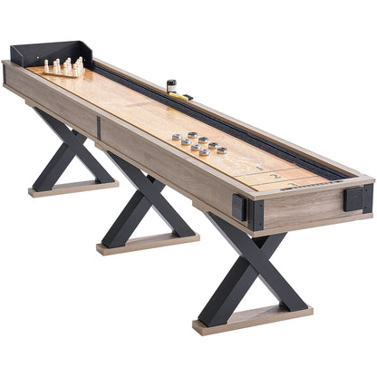 Shuffleboard Table, 11.5 Ft Shuffleboard for Family Game Rooms, 2 in 1 Shuffleboard and Bowling Combo Game Set, with Scratch-Resistant Playfield, Legs, 8 Pucks, Bowling Set, Wax, and Table Brush