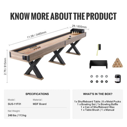 Shuffleboard Table, 11.5 Ft Shuffleboard for Family Game Rooms, 2 in 1 Shuffleboard and Bowling Combo Game Set, with Scratch-Resistant Playfield, Legs, 8 Pucks, Bowling Set, Wax, and Table Brush