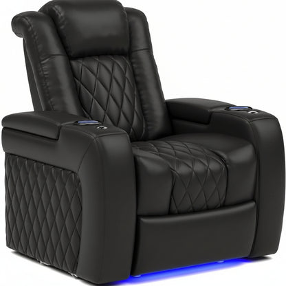 Valencia Tuscany Home Theater Seat - Nappa Leather Power Recliner with Cool Gel Memory Foam, USB-C/A Charging, RGB LED Lights, Adjustable Lumbar & Headrest (Single Recliner,Black)