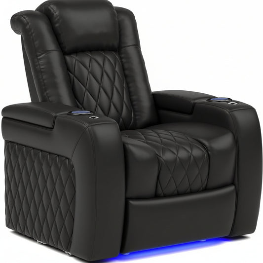 Valencia Tuscany Home Theater Seat - Nappa Leather Power Recliner with Cool Gel Memory Foam, USB-C/A Charging, RGB LED Lights, Adjustable Lumbar & Headrest (Single Recliner,Black)