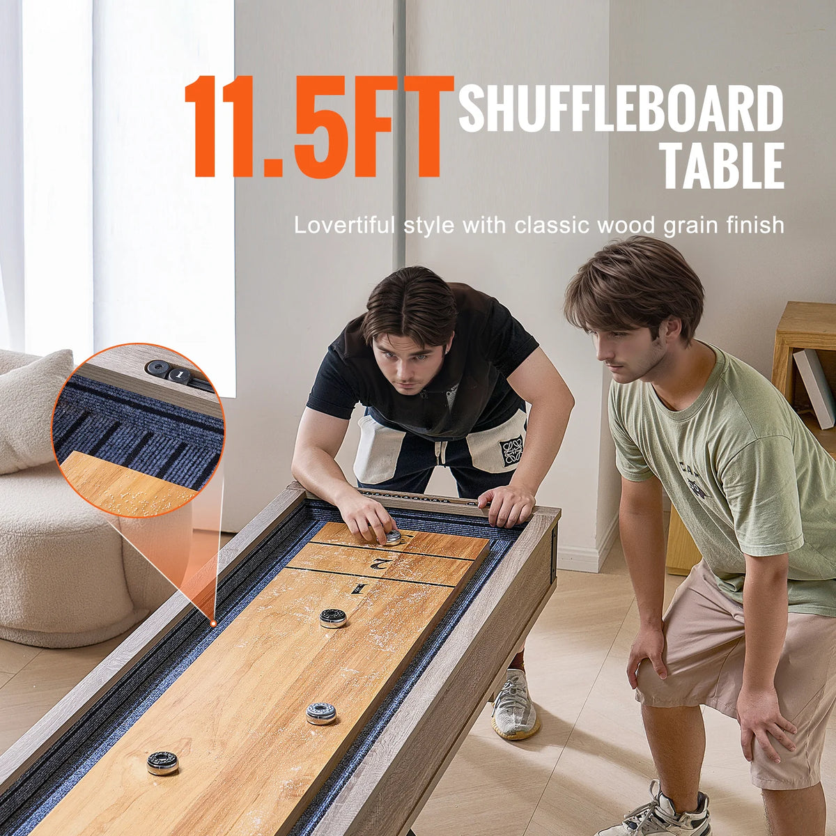 Shuffleboard Table, 11.5 Ft Shuffleboard for Family Game Rooms, 2 in 1 Shuffleboard and Bowling Combo Game Set, with Scratch-Resistant Playfield, Legs, 8 Pucks, Bowling Set, Wax, and Table Brush